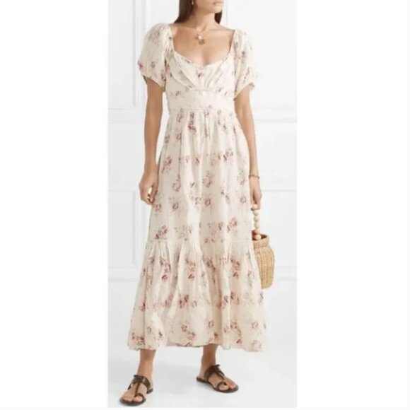 LoveShackFancy Dresses & Skirts - LoveShackFancy Angie Yellow Floral Puff Sleeve Midi Dress Size 0